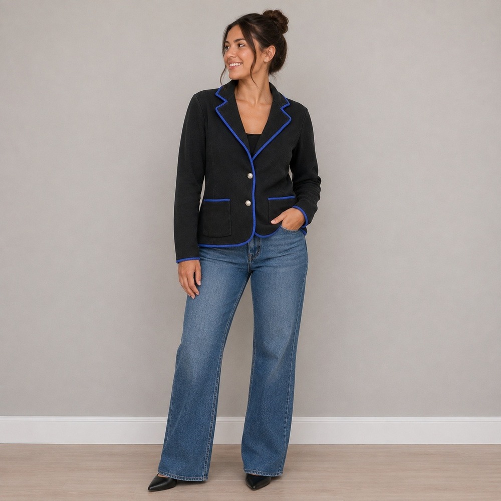 Lauren Ralph Lauren Black Knit Blazer Blue Contrast Piping Crest Buttons PM